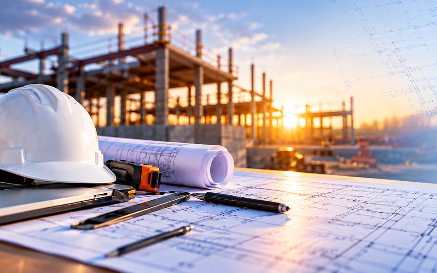 Hard hat and construction plans at a building site at sunrise
