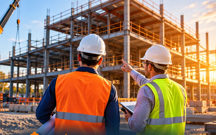 Two construction managers reviewing progress on a multi-story steel frame