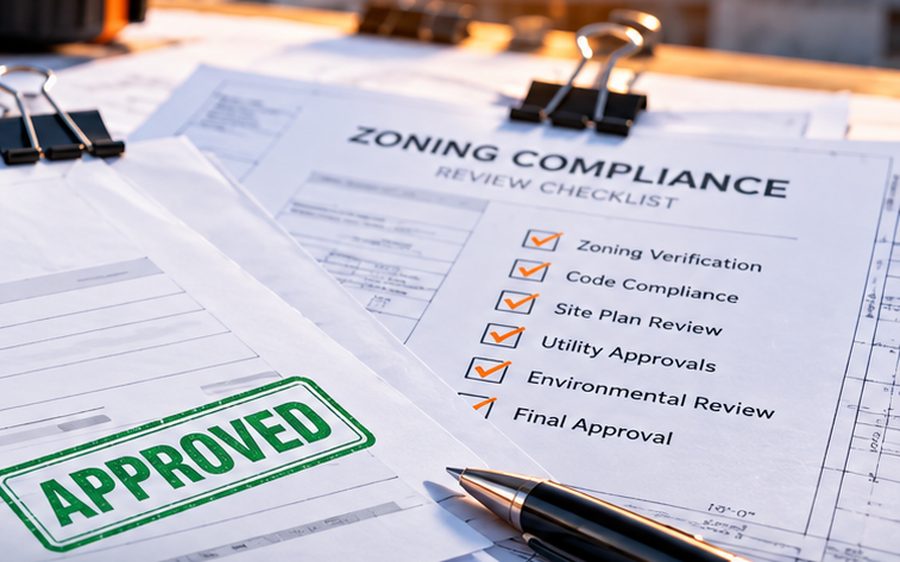 Zoning review checklist with an approval stamp on a desk